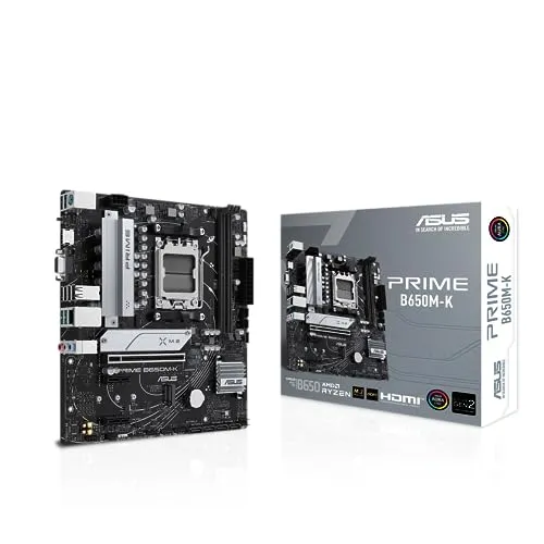 ASUS PRIME B650M-K mATX Mainboard AM5 - Hochleistungs-Mainboard für Ryzen 7000, mit DDR5 bis 6400MHz und beeindruckender RGB-Beleuchtung