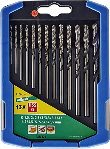wolfcraft Metallbohrer-Set HSS geschliffen, Ø 1,5-6,5 mm, 13-tlg. - Bohrersets für präzise Bohrungen in harte Materialien mit 118°-Spitzenwinkel für einfaches Anbohren und hohe Rundlaufgenauigkeit durch Präzisionsschliff.