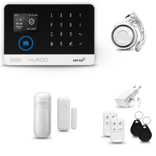HUXGO® HXA003 Alarmanlage Haus WiFi + GSM mit Sirene | Alarm System mit Bewegungssensor, Fensteralarm/Türalarm | Wohnmobil Alarmanlage Fernbedienung | Smart Home Security TUYA
