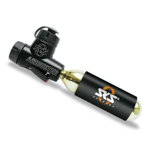 SKS GERMANY AIRBUSTER CO2 Fahrradpumpe - Luftpumpen für Wettkämpfe, leichtes Aluminium-Gehäuse mit Druckdosierventil und Kälteschutz für präzises Aufpumpen.