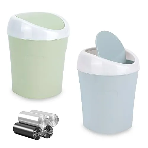QLFJ-FurDec 2 Stücke Mini Mülleimer, Tischmülleimer mit Schwingdeckel mit 4 Rollen Müllsäcke, Kompaktes Design Mini Kosmetikeimer 10 * 12 * 17cm, Tischabfalleimer für den Waschtisch (Blau, Grün)