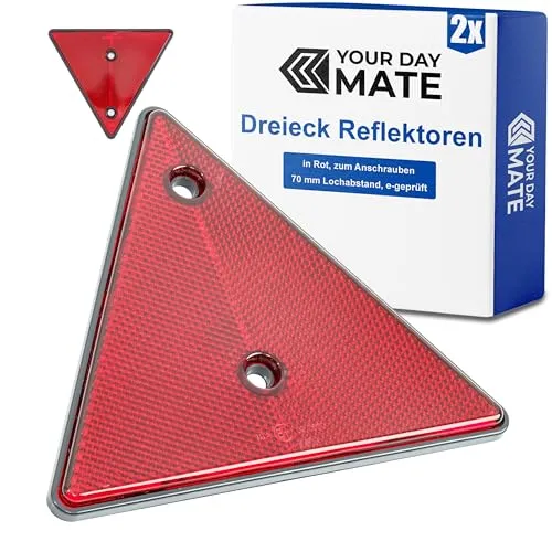 Anhänger Reflektor Dreiecke, 2 Pack, in Rot, zum Anschrauben, 15 cm Seitenlängen, 70 mm Lochabstand, mit E-Prüfzeichen, Rückstrahler hinten, dreieckige Streuscheibe Heck, Hängerdreieck rechts links