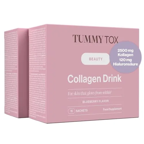 Kollagen Pulver mit Hyaluronsäure und Vitamin C – 2500 mg Hydrolysiertes Meereskollagen Typ I – Haar Vitamine – 30 Beutel für 30 Tage – Heidelbeergeschmack – Collagen Drink Tummy Tox