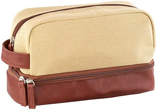 Xcase Kulturtasche: Geräumiger Canvas-Kulturbeutel mit 2 getrennten Fächern, beige/braun (Kulturbeutel Zwei Fächer, Kosmetiktasche mit Fächern, Beutel)