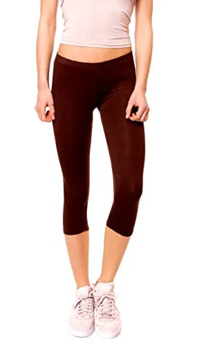 Easy Young Fashion - Damen Basic Capri Leggings - elastische 3/4 Baumwoll Viskose Stretch Hose 1077 - OneSize (Dunkelbraun)