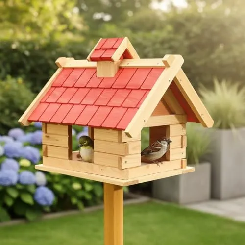 Mucola XXL Vogelhaus - Holz Vogelvilla mit Dachschindeln - Tierhäuser für Outdoor-Einsatz, elegantes Design mit Satteldach, ideal für die Fütterung von Vögeln im Garten.