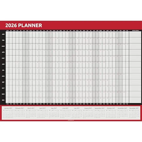 Wandplaner 2026, A1-Größe (84 x 59 cm), ganzjähriger Kalender, für Zuhause, Büro, Arbeit, ganzes Jahr, Rot