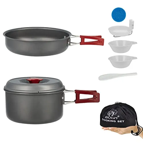 Bulin Campinggeschirr 7-Teilig Outdoor Kochgeschirr 1-2 Personen Aluminium Topfset Camping Kochset Mit Topf Pfanne Faltbar Kochtopf für Hiking Trekking Wandern Backpacking