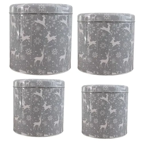 MACOSA EX613-401929a Gebäckdosen 4er Set Metall Grau Plätzchendose stapelbare Keks-Dose Aufbewahrungsdose Plätzchen Vorratsdose Weihnachten Blechdose (Grau)