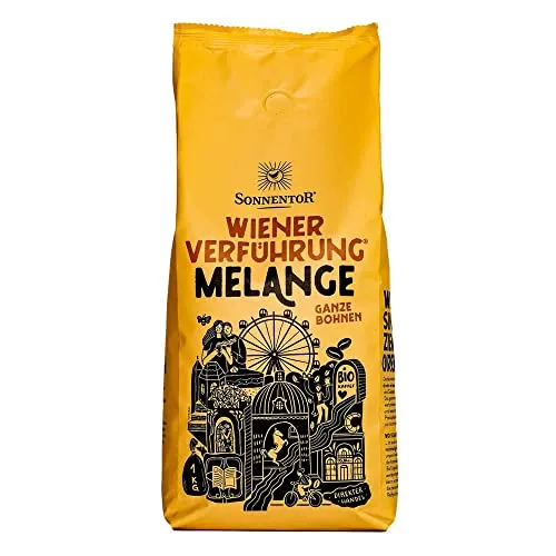 Sonnentor Wiener Verführung Melange Kaffee - Ganze Bohne Bio 1kg - Bio Melange Kaffee mit schokoladig-fruchtigem Geschmack und milder Säure, ideal für Kaffeeliebhaber.