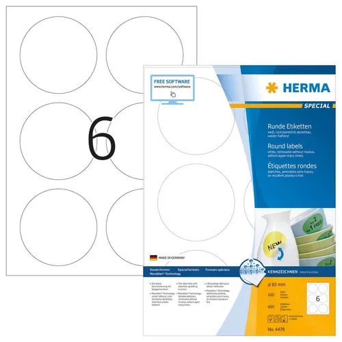 HERMA Etiketten 4478 - Vielzweck-Etiketten in Weiß - Sicher haftende Universaletiketten 85,0 x 85,0 mm, ideal für alle glatten Oberflächen, hergestellt in Deutschland für höchste Qualität.