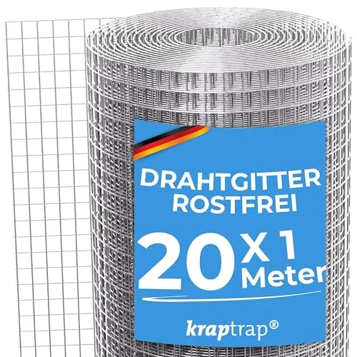 KrapTrap Volierendraht Drahtgitter I verzinkt I 20 m x 1 m I 12x12 mm I stabiler Kaninchendraht I Wühlmausgitter I Vogeldraht