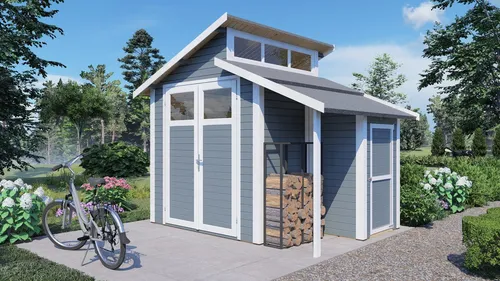 Gerätehaus Konsta Studio Set 2 mit Fußboden und Anbauschrank - 328 x 240 cm - Gartenhaus mit Pultdach in Grau, aus hochwertigem Holz, bietet viel Stauraum für Werkzeuge und Gartenutensilien.