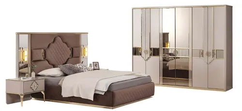 Braun-Beiges Schlafzimmer Set mit Kleiderschrank, Polsterbett und Nachttischen - Vielseitiges 4-teiliges Set für Erwachsene und Jugendliche, bestehend aus einem eleganten Polsterbett, zwei Nachttischen und einem geräumigen Kleiderschrank. Ideal für stilvolle Schlafzimmergestaltung.