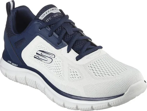 Skechers Herren Track Broader Sneaker - Off-White mit Navy Trim - Herren-Sneaker mit leichtem Obermaterial aus Mesh, flexibler gepolsterter Zwischensohle und optimaler Traktion für ein komfortables Training.