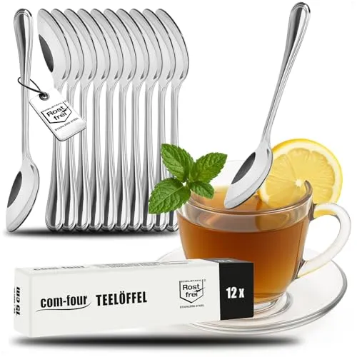com-four® 12x Teelöffel aus Edelstahl - stilvolles Tafelbesteck im schlichten Design - Kaffeelöffel - Dessertlöffel - Teeservice - ca. 15 cm (12 Stück - Teelöffel 15cm)