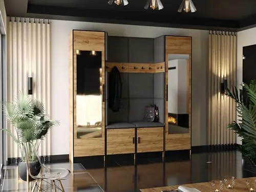 KIER FURNITURE Kleiderschrank Mit Gepolstertem Sitz Und Paneelen – Gardarobenstaender – Sitzbank Garderobe – Flurgarderobe Schmal – Farbe Eiche Craft Golden + Stoff Grau – 106,4 x 205 x 39 cm