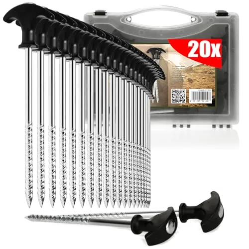 com-four® 20x Zelt-Heringe aus Stahl - robuste Erdnägel mit Gewinde in Transportbox, für Camping und Outdoor - ideal für normalen und harten Boden, mit T-Griff