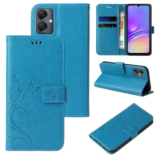 LBH Handy Hülle für Samsung Galaxy A05 Case Handytasche Schmetterling Blumen Flower Standfunktion Schutzhülle Magnet Rundum Schutz 360 Grad Flipcase Cover Blau