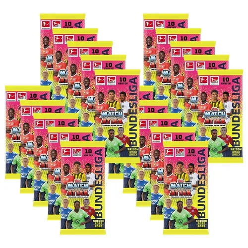 Topps Match Attax Bundesliga 2022/23 - 20 Booster - Sammle die besten Spieler der Bundesliga mit 20 Booster-Packs aus der aktuellen Saison. Ideal für Fußballfans und Sammler, um die Sammlung zu erweitern und spannende Spiele zu erleben.