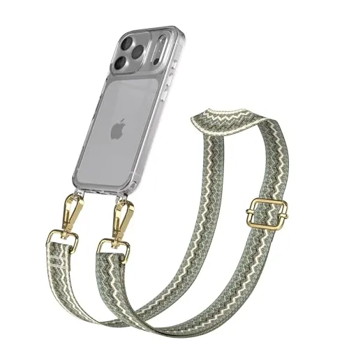EAZY CASE Handykette - Verstellbares Taschenband kompatibel mit iPhone 17 Pro, Schulterriemen, Handykordel mit Silikon Hülle, Umhängetasche, Grün Beige Gold