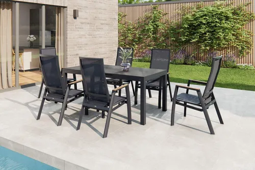 Siena Garden Garten-Essgruppe Miros/Rondo - Elegante Gartenmöbelgarnitur von SIENA GARDEN mit einem ausziehbaren Aluminiumtisch und sechs komfortablen Stapelsesseln. Ideal für stilvolle Außenbereiche und pflegeleicht im täglichen Einsatz.