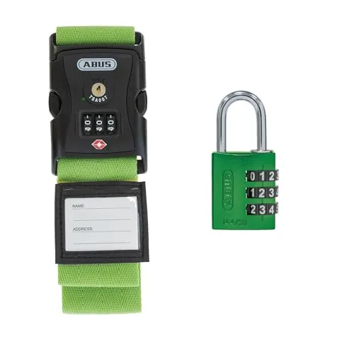 ABUS Koffergurt Kofferband-Schloss 620TSA/192 - Grünes Set mit Zahlenschloss 144/30 - Sicherer Gepäckschutz mit individuell einstellbarem Zahlencode und praktischem Adressetikett. Ideal für Reisen, um Ihre Koffer jederzeit zu identifizieren.