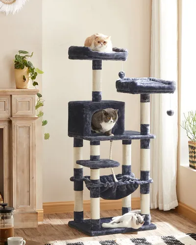 FEANDREA Kratzbaum 143 cm mit 2 Aussichtsplattformen - Robuster Kratzbaum mit stabilen Sisalstämmen und 2 gepolsterten Aussichtsplattformen für optimalen Komfort, ideal für eine oder zwei Katzen.