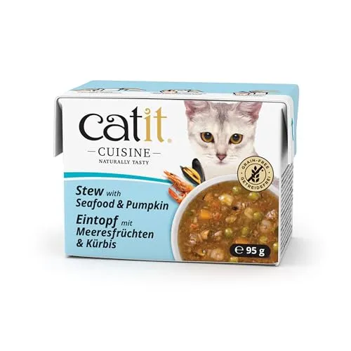 Catit Cuisine - Premium Nassfutter für Katzen - Eintopf mit Meersfrüchte und Kürbis, Ergänzungsfuttermittel, 95g, getreidefrei, hoher Fleischanteil