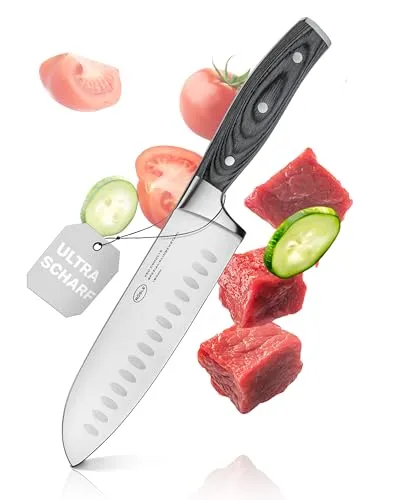 RÖSLE Santokumesser WOLFGREY 17,5 cm – Präzises Kochmesser mit Kullenschliff - Santoku-Messer für feines Schneiden, Würfeln und Hacken. Scharfe Klinge aus X50CrMoV15 Stahl für Langlebigkeit und ein ergonomischer Pakkaholzgriff für optimale Kontrolle.