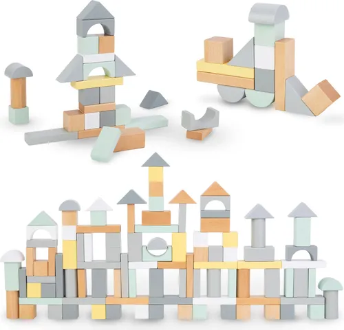 Buntes Holzklötze-Set – 100 Teile für kreatives Bauen - Bauklötze für Kinder, 100-teiliges Set aus hochwertigem Holz in sanften Pastellfarben, fördert Kreativität, Feinmotorik und räumliches Denken.