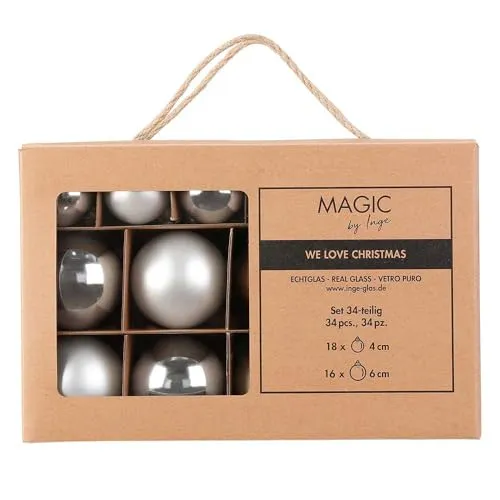 Inge Glas Weihnachtskugeln | Große Kugelbox mit 34 Kugeln | 4cm & 6cm große Christbaumkugeln (Frosty Silver | Silber weiß)