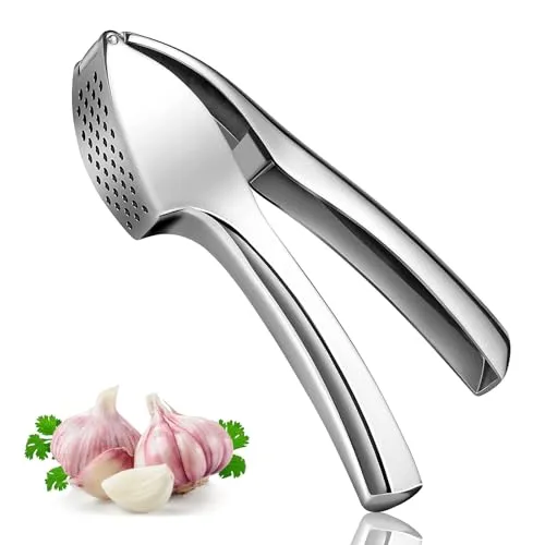 KOOSREEL Premium-Knoblauchpresse, robuste Knoblauchpresse und Fleischwolf, zerkleinert Knoblauch und Ingwer mühelos, kein Schälen nötig, rostfrei, leicht zu reinigen, spülmaschinenfest, silberfarben