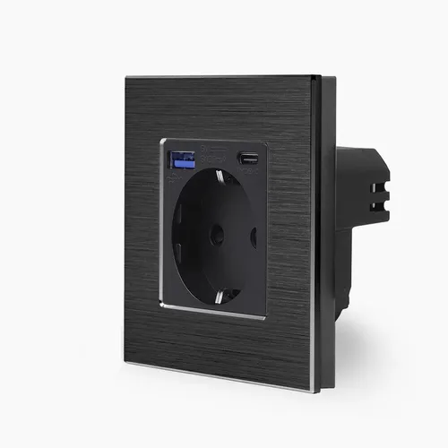 Steckdose + USB 2-fach Typ A/C 20W Schwarz Alurahmen MP010U-BA1-12 Luxus-Time