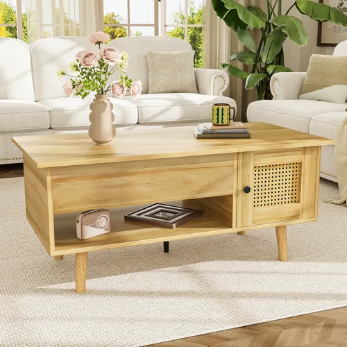 STILVORA Couchtisch Beistelltisch mit Hebefunktion, Sofatisch mit vielseitiger Aufbewahrung,mit Hebefunktion&Rattan-Türen,Holzfarbe