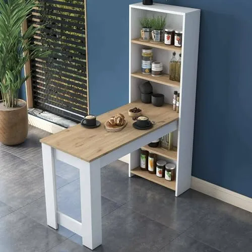 Esstisch Talitha - Vielseitiges Küchenregal in Walnuss und Weiß - Regale - Der feste Esstisch Talitha (120x54h154 cm) bietet Platz für Gäste und passt perfekt in Wohnzimmer oder Küche. Ideales Möbelstück für jeden Raum mit Platzbedarf.