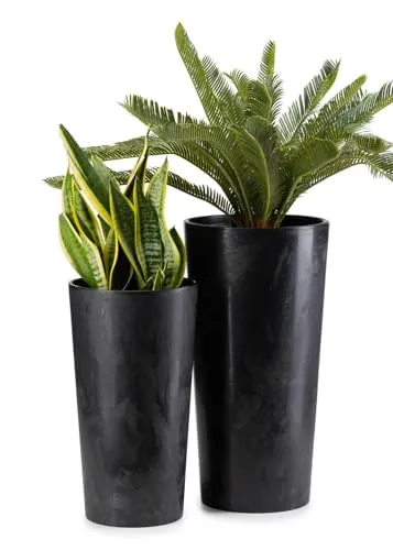 HowHomely 2X Blumentopf Gross mit Pflanzkübel Einsatz | Dunkelbeton-Optik Pflanzkübel Groß für Deko Wohnzimmer oder Garten | Set aus 2 Blumenübertopf (30xh57cm & 25xh46)