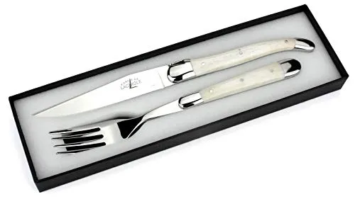 Forge de Laguiole - Steakbesteck - Griff Knochen - Besteck Frankreich - Steakmesser und Gabel - Stahl hochglanz