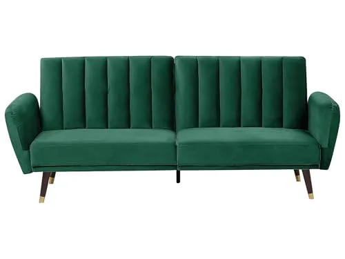 Beliani 3-Sitzer Schlafsofa Vimmerby - Elegantes Samtsofa in Smaragdgrün mit praktischer Schlaffunktion, ideal für Gäste. Verstellbare Rückenlehnen und stabiles Eukalyptusholz sorgen für Komfort und Langlebigkeit.
