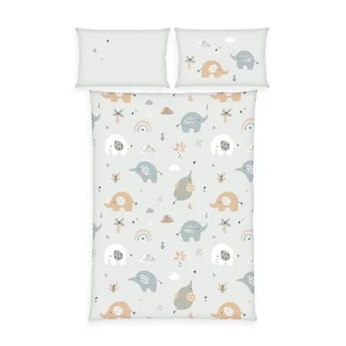 Herding babybest Flanell-Bettwäsche Elephants - Bettwäsche Set für Kinder mit atmungsaktiven Elefanten-Motiven, 100% Baumwolle und pflegeleicht. Ideal für angenehme Träume bei Tag und Nacht, mit praktischem Hoteleinschlag und Knopfleiste.