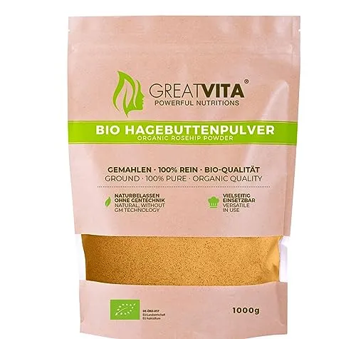 GreatVita Bio Hagebuttenpulver 1000g - Fein gemahlenes Hagebuttenpulver aus 100% Bio-Qualität, ideal zur Verfeinerung von Smoothies, Säften und Müsli. Natürlich fruchtig-säuerlicher Geschmack, reich an Vitaminen und Ballaststoffen für eine bewusste Ernährung.