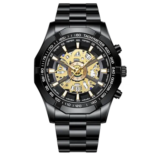 JewelryWe Herrenuhr Edelstahl Leuchtend Uhr: 30m Wasserdicht Kalender Analog Quarz Armbanduhr Herren Schwarz Edelstahlband Imitation Mechanische Skelett Uhr mit Achteckig Lünette & Gold Leuchtzeiger