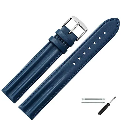 MARBURGER Uhrenarmband 20mm Leder Blau Silber XL Glatt Mit Naht - Montage Set 6832050000120