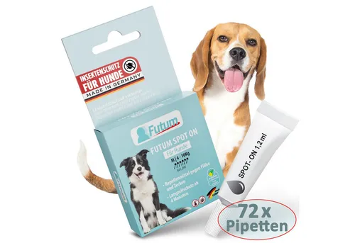 FUTUM Zeckenschutzmittel Spot on für Hunde, 86.4 ml – Made in Germany - FUTUM Spot On für Hunde bietet langanhaltenden Schutz vor Flöhen und Zecken. Die einfache Anwendung und die geprüfte Rezeptur sorgen für Sicherheit und Komfort. Ideal für Hunde ab 4 kg.