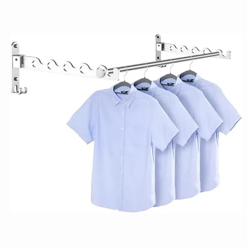 MEIJO Wand Kleiderständer Klappbar, Kleiderhaken Klappbar Wand Kleiderlüfter Klapphaken Wandhaken Balkon Garderobenhaken für Waschküche Schlafzimmer Badezimmer (Silber, 2 Stück + Stange)