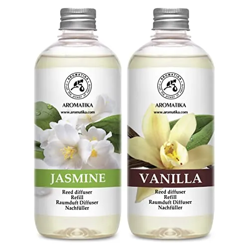 Raumduft Nachfüllflasche Vanille & Jasmin 2x500 ml - Raumerfrischer - Frischer und Langanhaltender Raumduft - Aroma Diffuser - Aromatherapie - Lufterfrischer für Raum - Reed Diffuser Refill