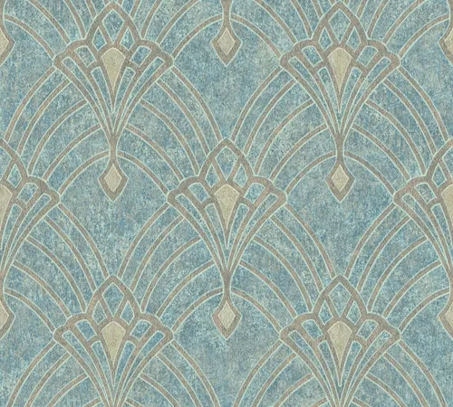 Livingwalls Art Déco Tapete Mata Hari - Hochwertige Vliestapete in Blau, Braun, Beige und Grün mit feiner Struktur und leicht glänzender Oberfläche. Ideal für ein luxuriöses Ambiente im Wohnzimmer oder Schlafzimmer.