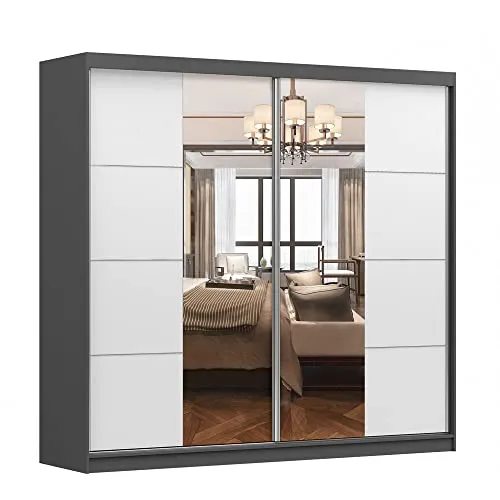 Kleiderschrank M38 mit Spiegel 233 cm - Kleiderschrank mit 2 Schiebetüren, viel Stauraum dank 2 Kleiderstangen und 10 Einlegeböden. Der integrierte Spiegel vergrößert optisch den Raum. Ideal für Schlafzimmer oder Wohnzimmer.