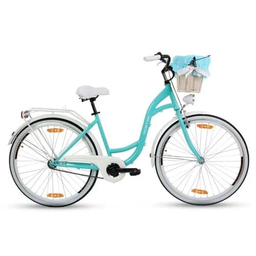 Goetze Style 26 Zoll Damen Citybike, 17 Zoll Tiefeinsteiger Rahmen, 1-Gang Rücktrittbremse, V-Bremse vorne, LED-Beleuchtung, Gepäckträger, Rattankorb, Komfortsattel, mit Ständer & Klingel