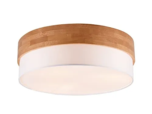 Runde Deckenleuchte aus Holz mit Stoffschirm Ø 50cm - Moderne Holzlampe mit weißem Stoffschirm, inklusive 2 dimmbarer E14 LED-Leuchtmittel für individuelle Beleuchtung. Ideal für stilvolle Wohnräume.